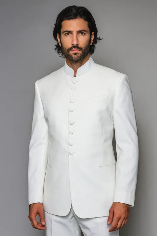 Quality Pure Snow White Mandarin Collar Tuxedo Suits For Men Light Weight Soft Fabric - All White Suit made by Alberto Nardoni
