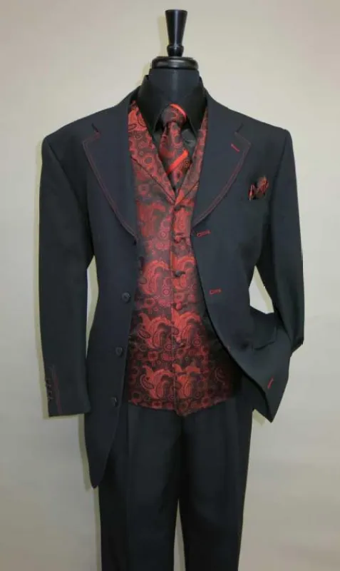 Mens Three Piece Suit - Vested Suit Mens Black/Red Jacket With Bold Vest with matching Tie and Hankie made by Alberto Nardoni