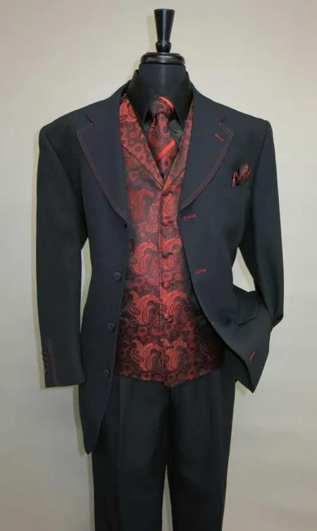 Mens Three Piece Suit - Vested Suit Mens Black/Red Jacket With Bold Vest with matching Tie and Hankie sold by Alberto Nardoni
