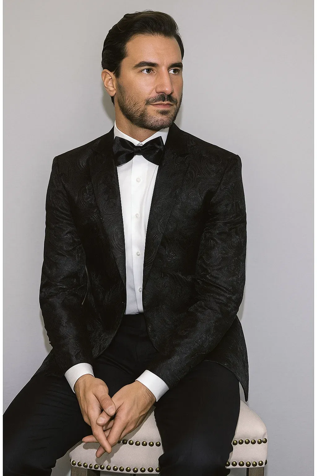 Men's Shiny 2 Buttons Notch Collar Floral Paisley Formal Black Blazer sold by Alberto Nardoni product image thumbnail 3