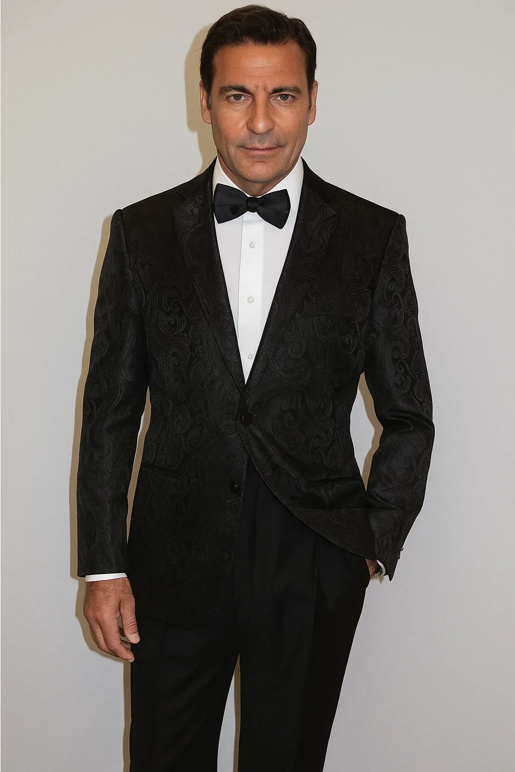 Men's Shiny 2 Buttons Notch Collar Floral Paisley Formal Black Blazer sold by Alberto Nardoni