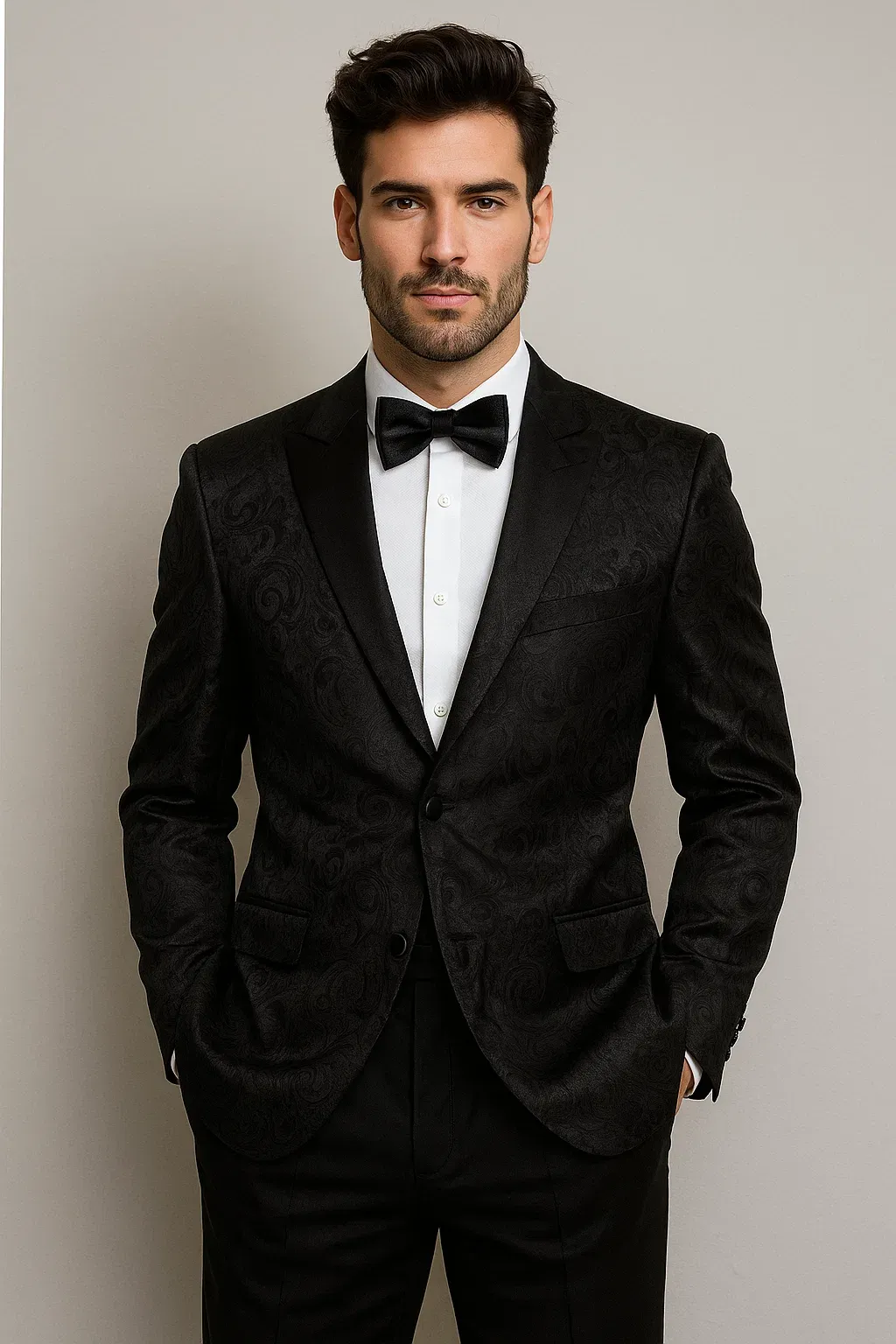 Men's Shiny 2 Buttons Notch Collar Floral Paisley Formal Black Blazer sold by Alberto Nardoni product image thumbnail 5