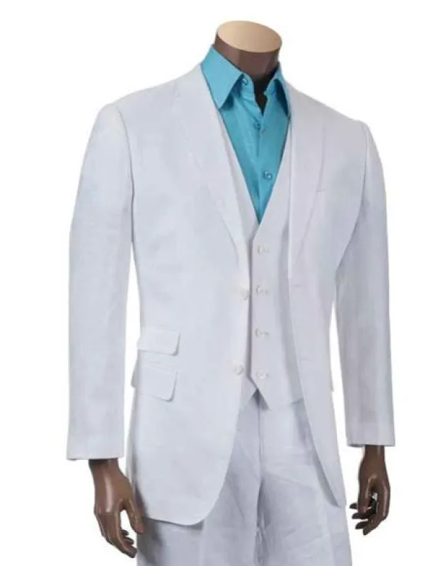 Men's Two Buttons Linen fashion vested White 3 piece suit - Mens Linen Suit made by Alberto Nardoni