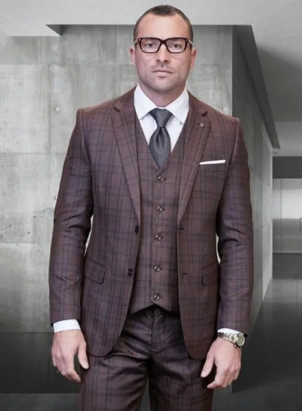 Statement Suits - Plaid Suits - Business Suits Italian Vested Suits Brown made by Alberto Nardoni