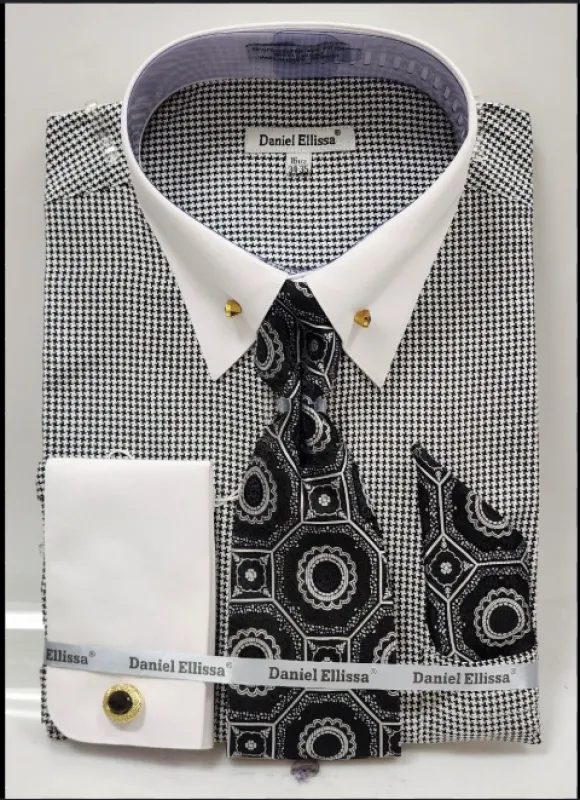Mens Black Houndstooth Dress Shirt Set with Cuff made by Alberto Nardoni