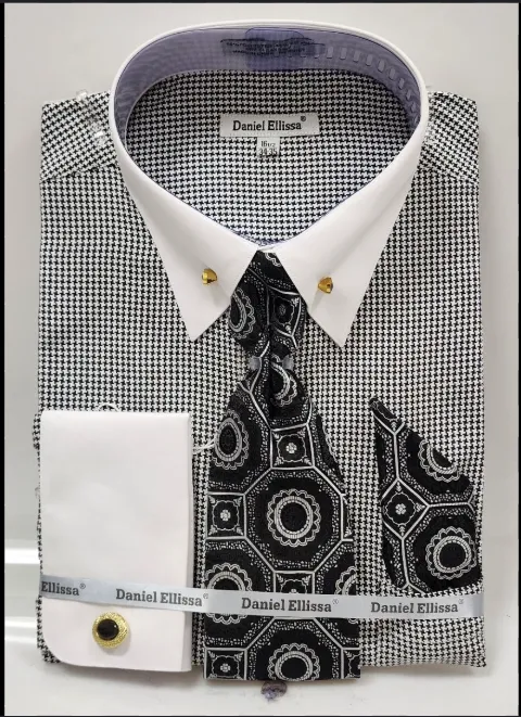 Mens Black Houndstooth Dress Shirt Set with Cuff sold by Alberto Nardoni