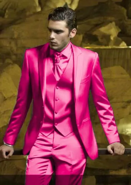SKU#JA61711 Mens Shiny Blazer - Hot Pink Sateen Vested Suit sold by Alberto Nardoni