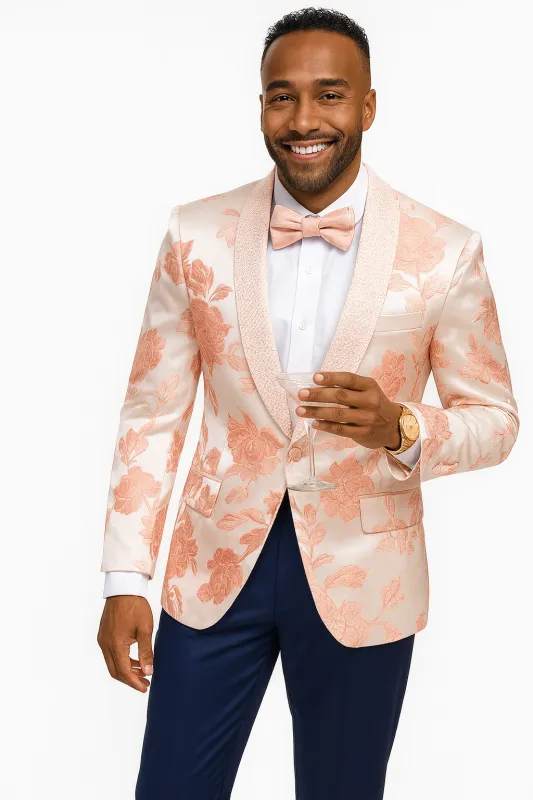 Mens Paisley Jeweled Shawl Prom 2026 Tuxedo in Blush Pink made by Alberto Nardoni