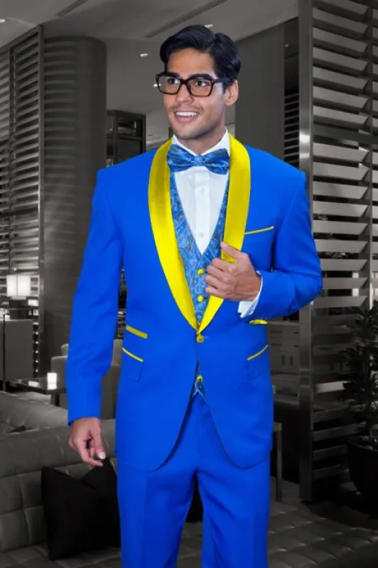 Men's Royal Blue and Yellow Tuxedo Jacket & Pants made by Alberto Nardoni