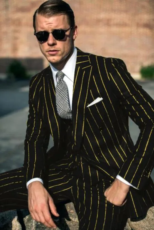 Mens Chalk Stripe Suit - Black and Gold Pinstripe Suit made by Alberto Nardoni