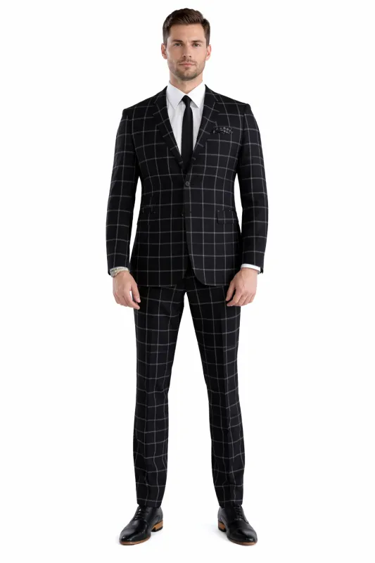 Mens Plaid Suit - Black Windowpane Suit - 1920 Suits made by Alberto Nardoni