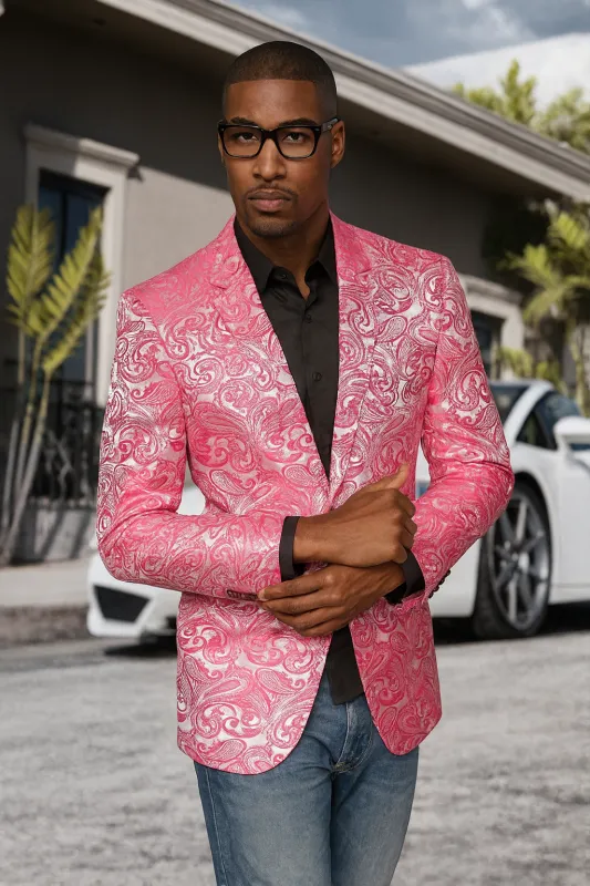 Alberto Nardoni Brand Fashion Men's shiny Fuchsia ~ black lapel blazer fashion pink sportcoat made by Alberto Nardoni
