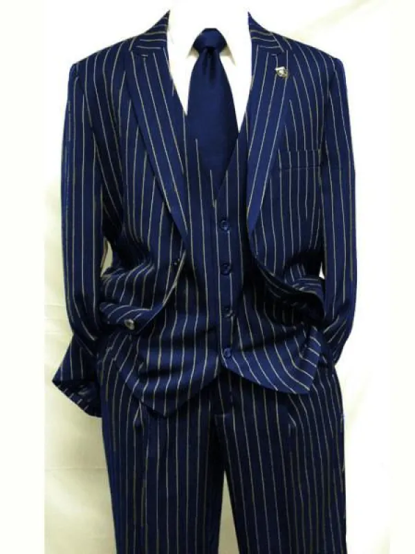 Men's Dark Navy Blue ~ White Mars Vested Peak Lapel Gangster Bold PinStripe Suit made by Alberto Nardoni