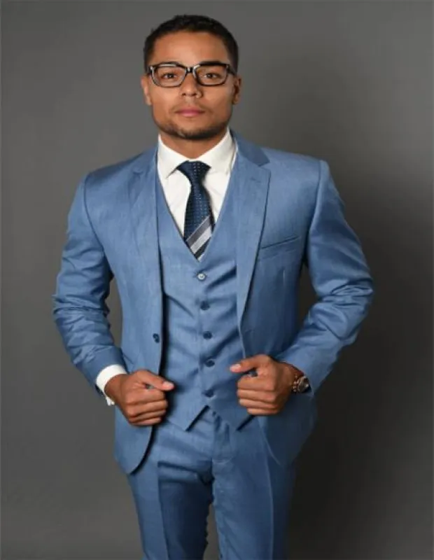 Sharkskin Textured 3-Piece Steel Blue - Dusty Blue Suit made by Alberto Nardoni