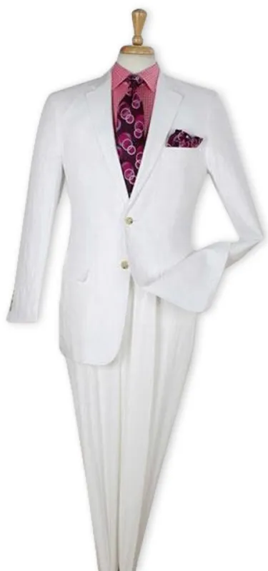 Men's White 100% Linen Two Piece Regular Fit Suit Flat Front Pants - Mens Linen Suit made by Alberto Nardoni