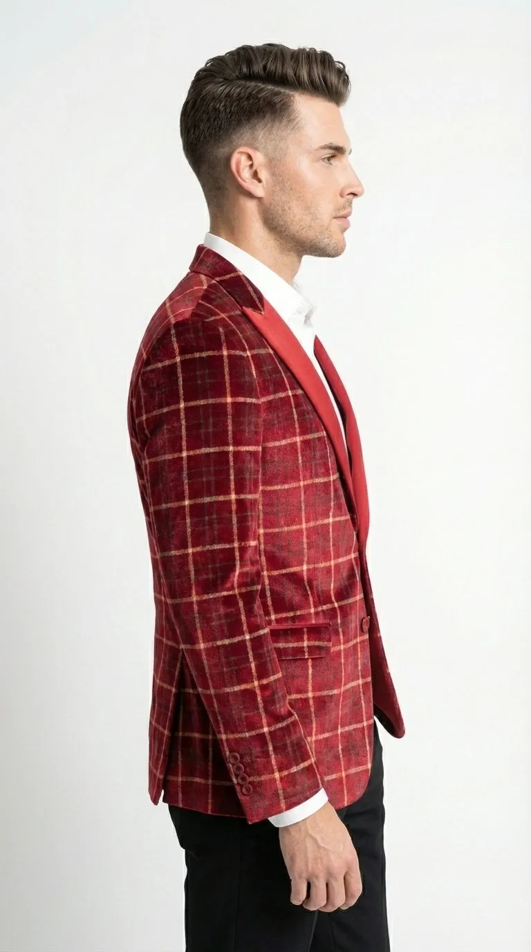 Mens Red Burgundy Plaid Blazer with Contrast Lapel – Velvet Fabric Check Prom Blazer Jacket for Party, Christmas New Year Holiday Jacket sold by Alberto Nardoni product image thumbnail 5