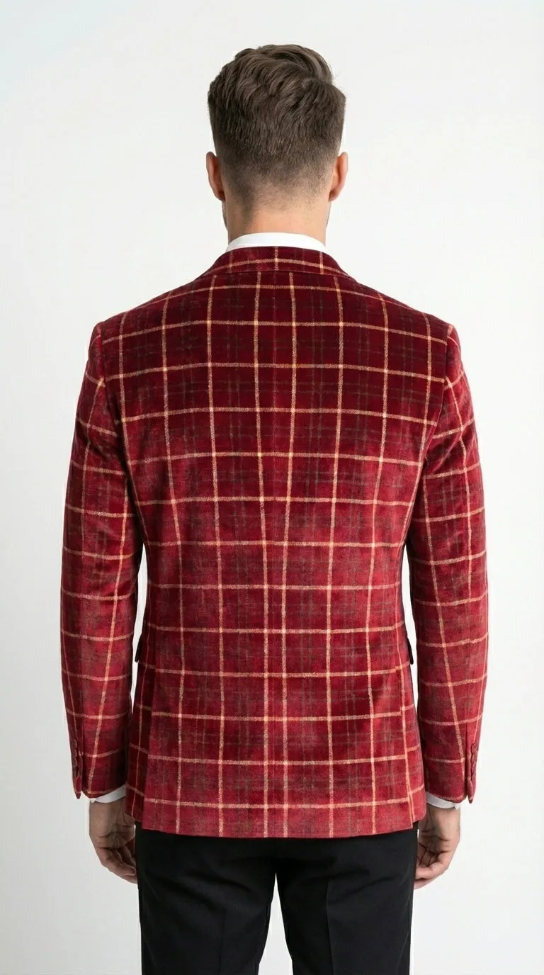 Mens Red Burgundy Plaid Blazer with Contrast Lapel – Velvet Fabric Check Prom Blazer Jacket for Party, Christmas New Year Holiday Jacket sold by Alberto Nardoni product image thumbnail 2