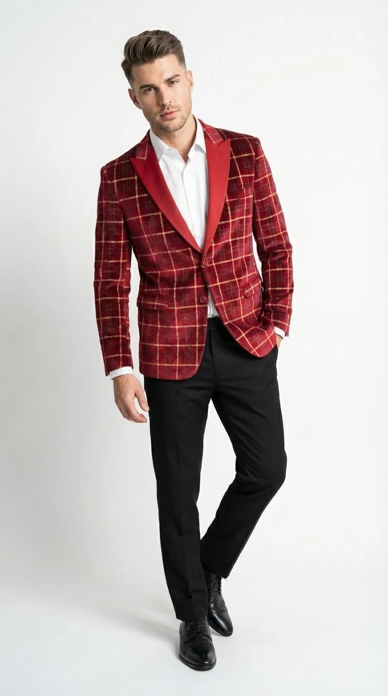 Mens Red Burgundy Plaid Blazer with Contrast Lapel – Velvet Fabric Check Prom Blazer Jacket for Party, Christmas New Year Holiday Jacket sold by Alberto Nardoni product image thumbnail 3