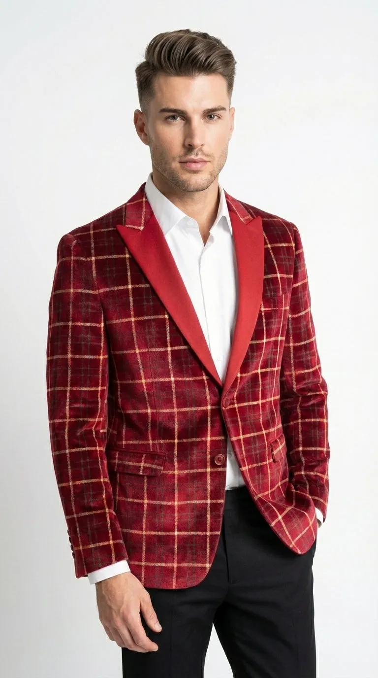 Mens Red Burgundy Plaid Blazer with Contrast Lapel – Velvet Fabric Check Prom Blazer Jacket for Party, Christmas New Year Holiday Jacket sold by Alberto Nardoni product image thumbnail 4