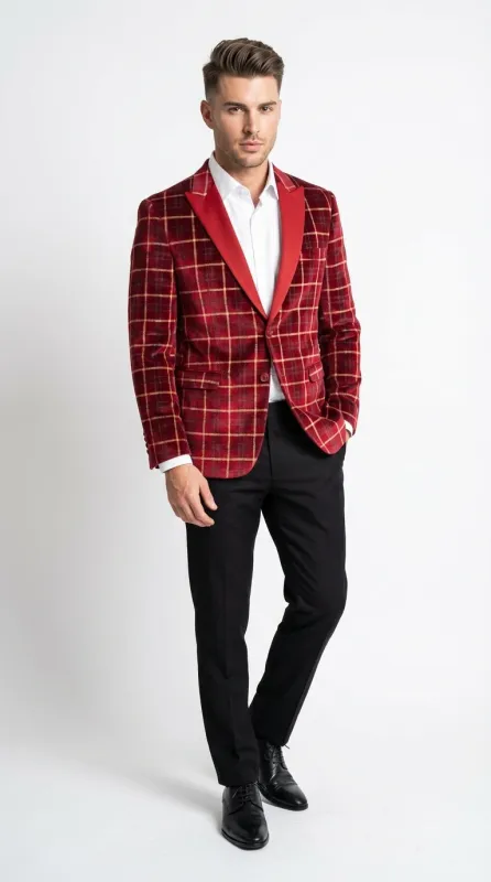 Mens Red Burgundy Plaid Blazer with Contrast Lapel – Velvet Fabric Check Prom Blazer Jacket for Party, Christmas New Year Holiday Jacket made by Alberto Nardoni