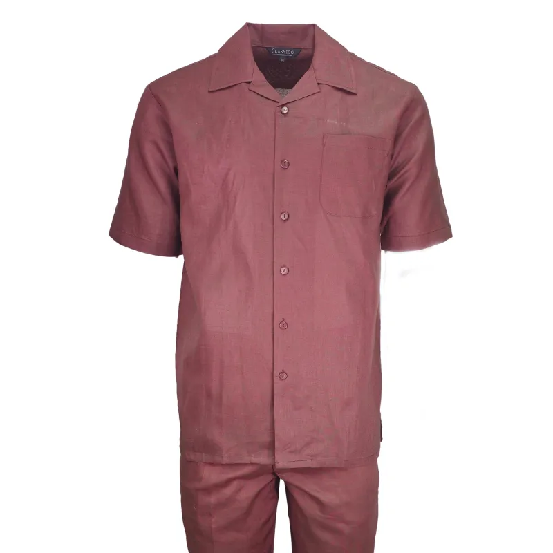 Mens Burgundy Linen Shirt and Pants Casual Outfit Set made by Alberto Nardoni