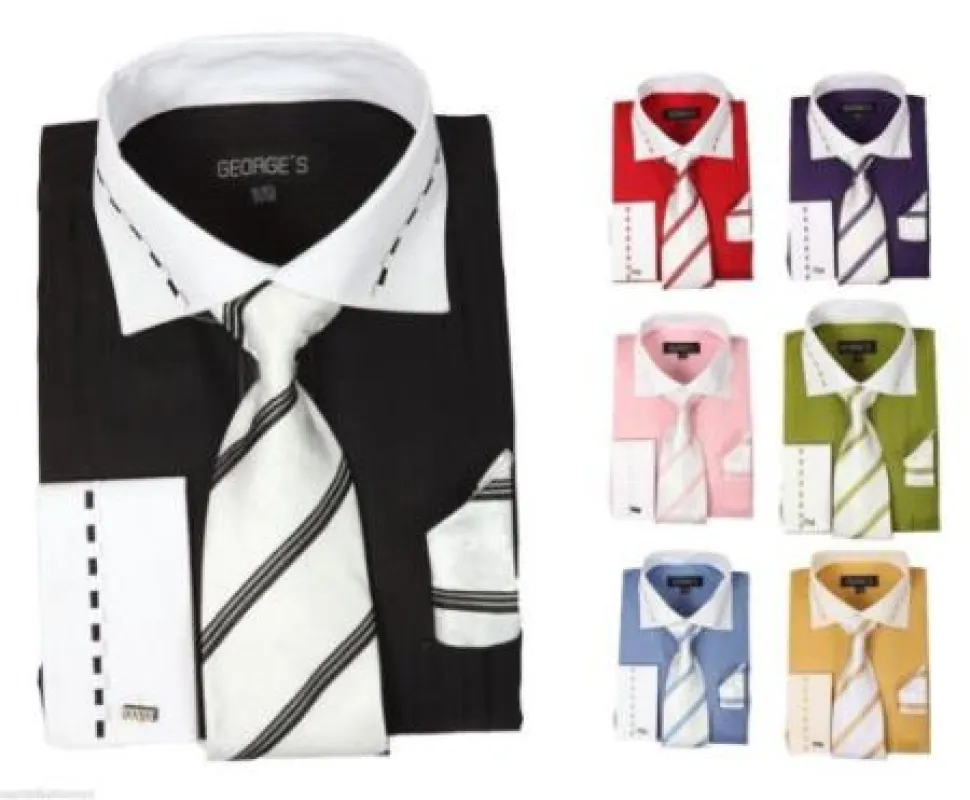 fashion Tie&Hanky French Cuff Style White Collar Two Toned Contrast Multi-color Men's Dress Shirt made by Alberto Nardoni