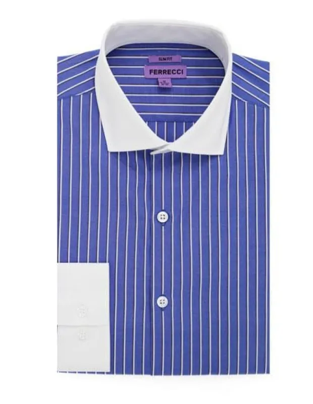 Spread Collar Blue Striped Pattern Men's Dress Gingham Shirt - Checker Pattern - French Cuff - White Collared + Free Bowtie made by Alberto Nardoni