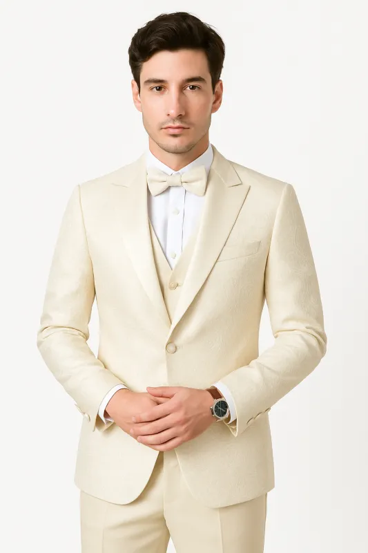 SKU#JA61572 Cream Suit - Ivory Tuxedo - Off White Paisley Suit - Floral Tuxedo - Wedding Tuxedo made by Alberto Nardoni