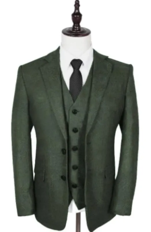 Olive Peaky Green 3 Piece Tweed Men's Suit made by Alberto Nardoni