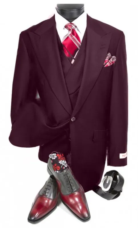 Mens Big and Tall Size Suits - Plus Size Mens Burgundy Suit - Peak Lapel Ticket Pocket made by Alberto Nardoni