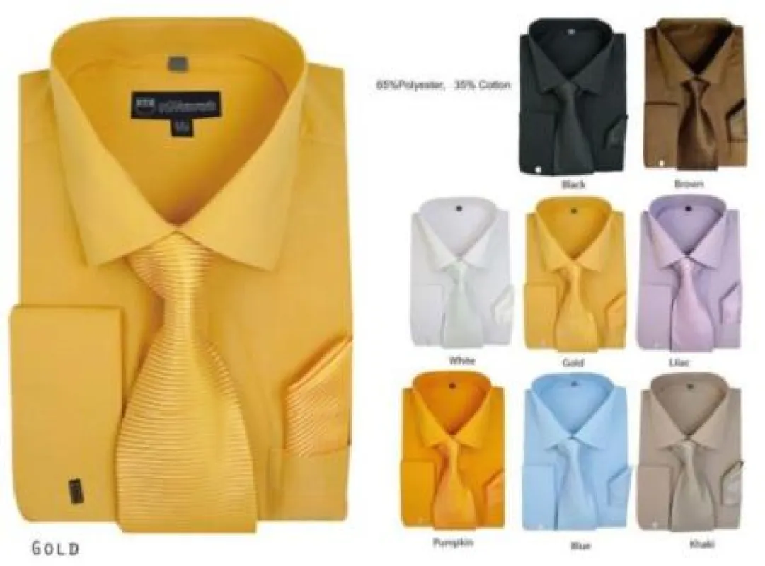 Solid French Cuff Matching Tie+Handkerchief Style Multi-Color Men's Dress Shirt made by Alberto Nardoni