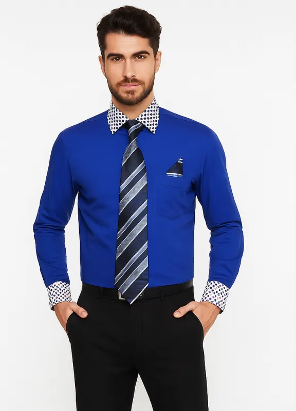 Solid/Polka Dot Pattern Cotten Blend Royal Blue Shirt With Tie & Hanky Men's Dress Shirt made by Alberto Nardoni