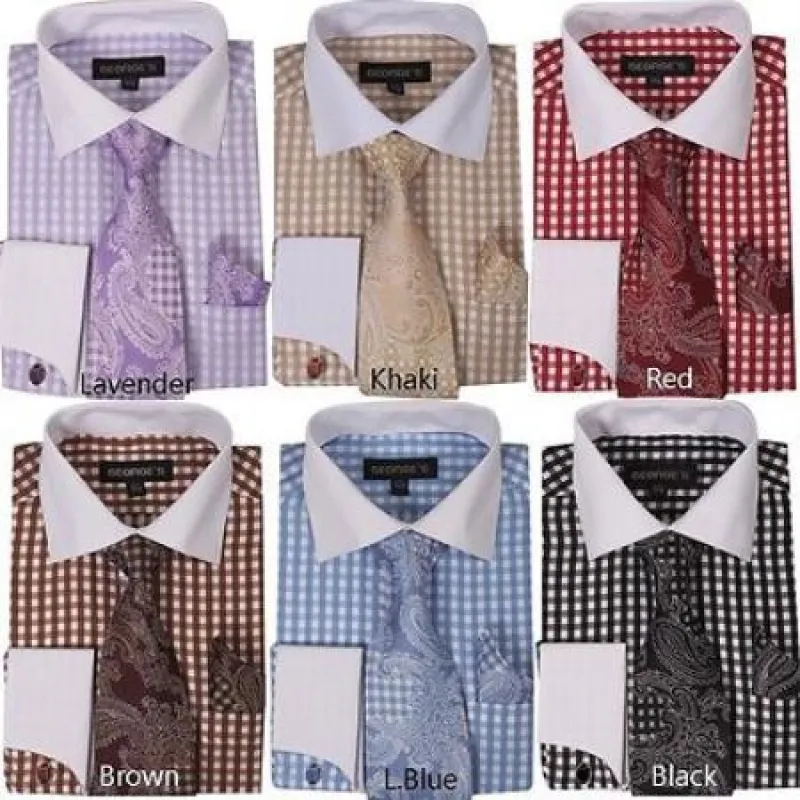 Checker French Cuff With Matching Cuff- Links Style White Collar Two Toned Contrast Multi-Color Men's Dress Shirt With Tie made by Alberto Nardoni