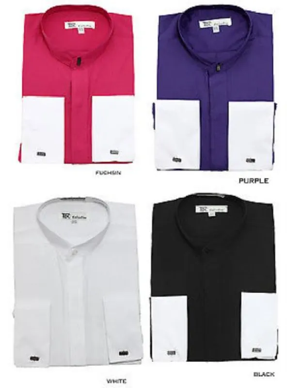 Stylish Preacher Round Style Fashionable Classic French Cuff Mandarin Collarless Men's Dress Shirt made by Alberto Nardoni