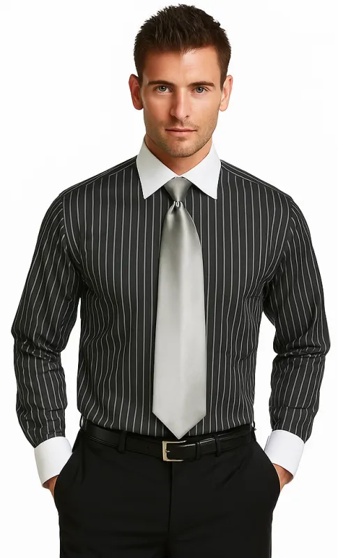 French Cuff Stylish Striped Formal Spread Collar Set Style White Collar Two Toned Contrast Multi-Color Men's Dress Shirt made by Alberto Nardoni