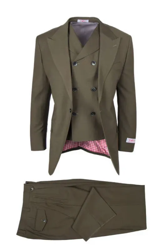Tiglio Rosso Brand - Classic Suit Fit Pleated Pants Athletic Cut Real Wool Fabric Suit Peak Lapel in Color Olive Semi Wide leg Slack made by Alberto Nardoni