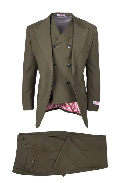 Tiglio Rosso Brand - Classic Suit Fit Pleated Pants Athletic Cut Real Wool Fabric Suit Peak Lapel in Color Olive Semi Wide leg Slack sold by Alberto Nardoni
