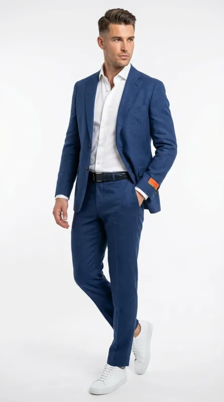 Mens Enzo Tovare Denim Blue Linen Summer Suit – Breathable Two Piece Suit for Wedding, Business, Travel made by Alberto Nardoni