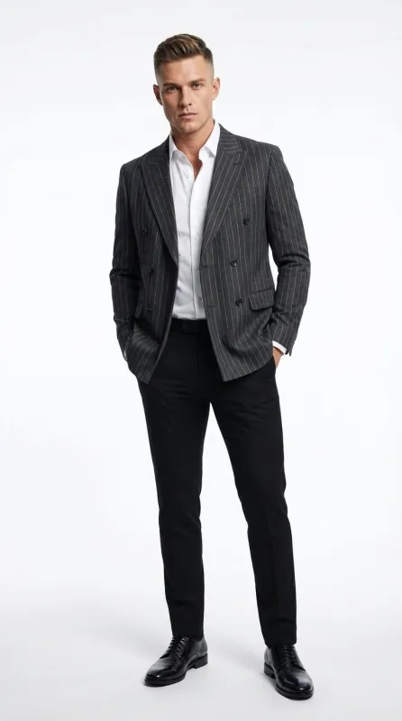 Mens Charcoal Gray Pinstripe Double Breasted Blazer Sport Coat – Classic Formal Business Jacket for Office and Smart Casual Wear made by Alberto Nardoni