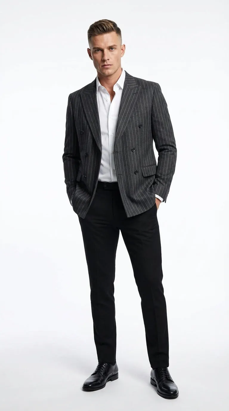 Mens Charcoal Gray Pinstripe Double Breasted Blazer Sport Coat – Classic Formal Business Jacket for Office and Smart Casual Wear sold by Alberto Nardoni