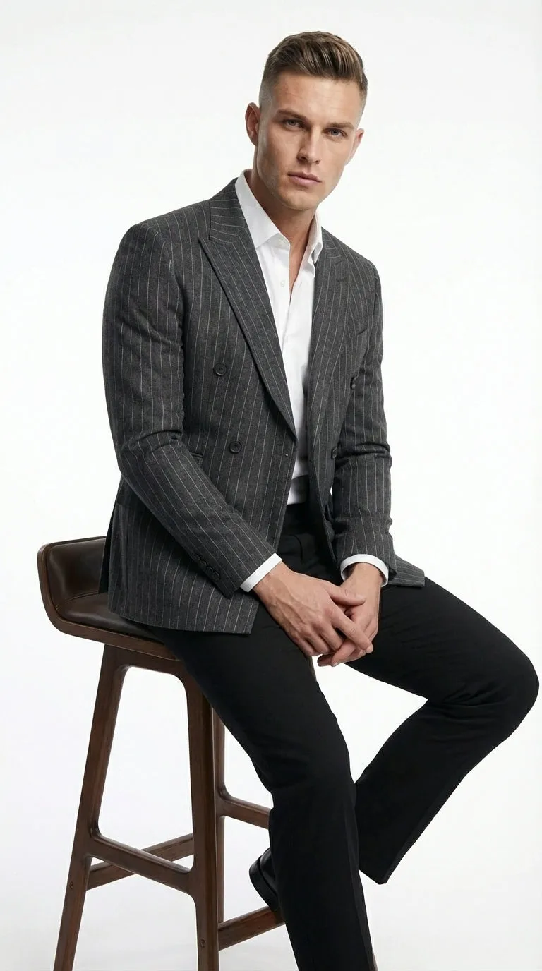 Mens Charcoal Gray Pinstripe Double Breasted Blazer Sport Coat – Classic Formal Business Jacket for Office and Smart Casual Wear sold by Alberto Nardoni product image thumbnail 5