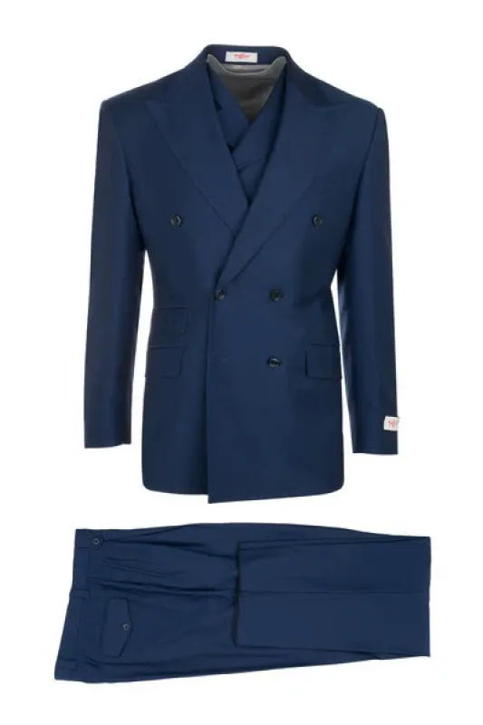 Tiglio Rosso Brand - Classic Suit Fit Pleated Pants Athletic Cut Real Wool Fabric Suit Peak Lapel Semi Wide leg Slack in Color French Blue made by Alberto Nardoni