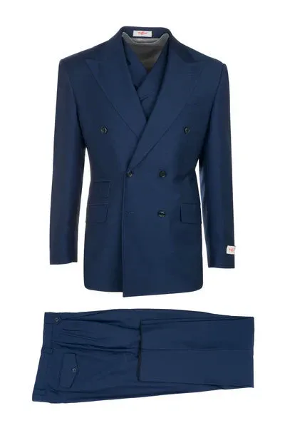 Tiglio Rosso Brand - Classic Suit Fit Pleated Pants Athletic Cut Real Wool Fabric Suit Peak Lapel Semi Wide leg Slack in Color French Blue sold by Alberto Nardoni