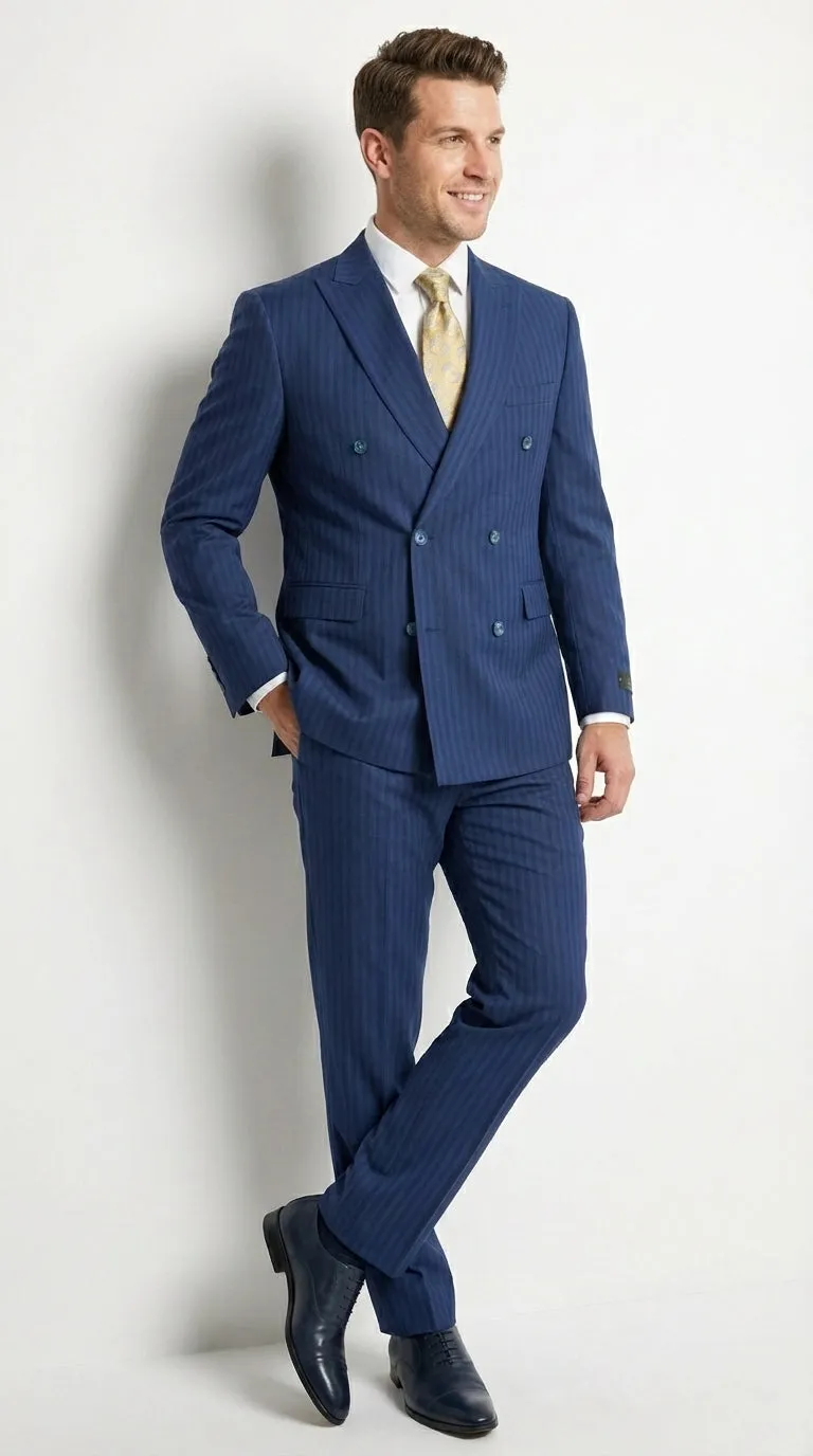 Vitali Mens Blue Tone on Tone Shadow Pinstripe Suit Set – Double Breasted Business Modern Fit Side Vented sold by Alberto Nardoni product image thumbnail 4