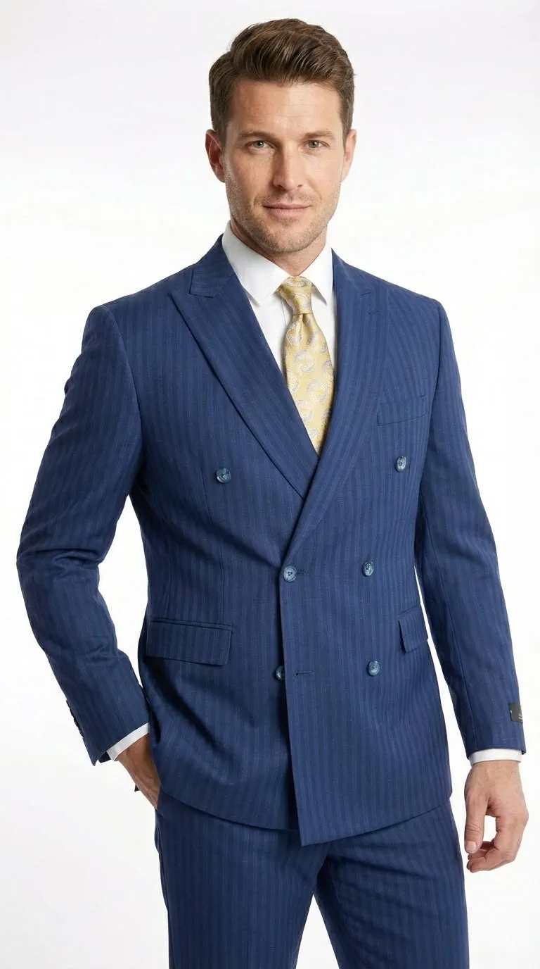 Vitali Mens Blue Tone on Tone Shadow Pinstripe Suit Set – Double Breasted Business Modern Fit Side Vented sold by Alberto Nardoni