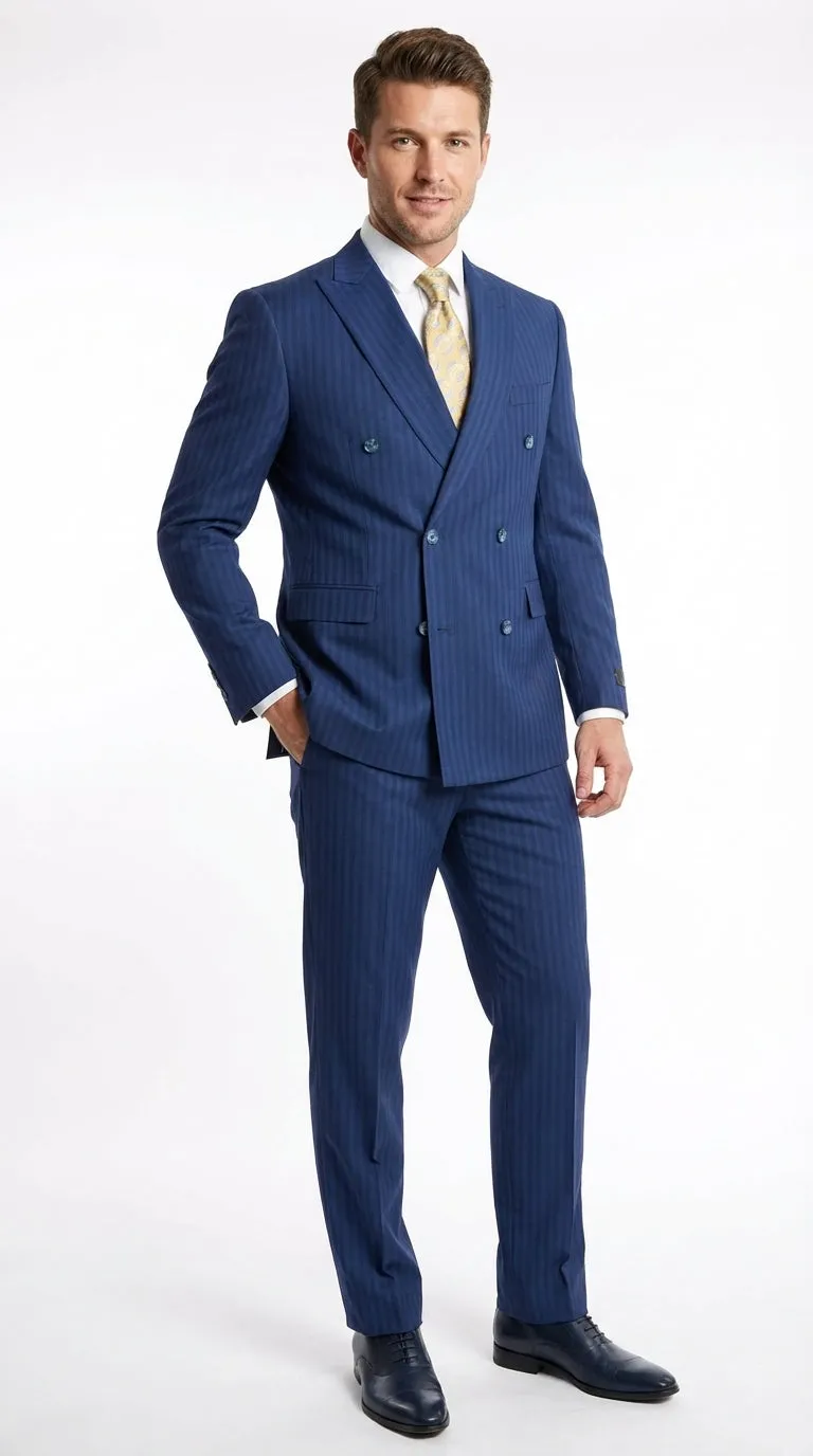 Vitali Mens Blue Tone on Tone Shadow Pinstripe Suit Set – Double Breasted Business Modern Fit Side Vented sold by Alberto Nardoni product image thumbnail 2