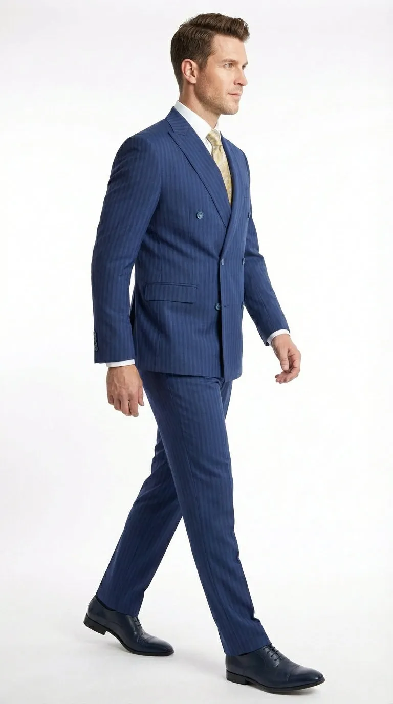 Vitali Mens Blue Tone on Tone Shadow Pinstripe Suit Set – Double Breasted Business Modern Fit Side Vented sold by Alberto Nardoni product image thumbnail 3