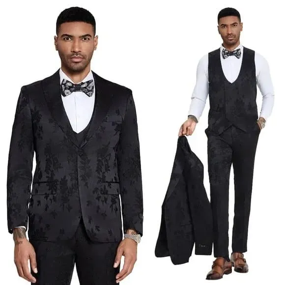 2026 Floral Mens 3PC Suit w/ Double Breasted Prom Vest by Tazzio, Black sold by Alberto Nardoni