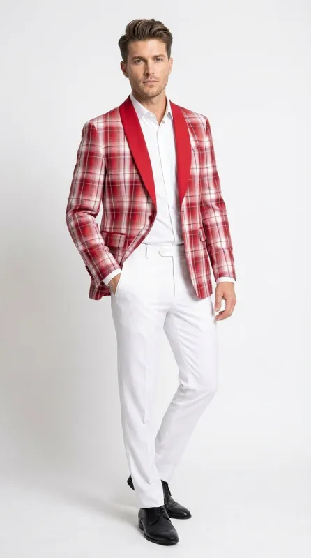 Mens Tartan Red and White Plaid Blazer – Check Pattern Sport Coat Red Shawl Lapel Party Christmas Holiday New Year made by Alberto Nardoni