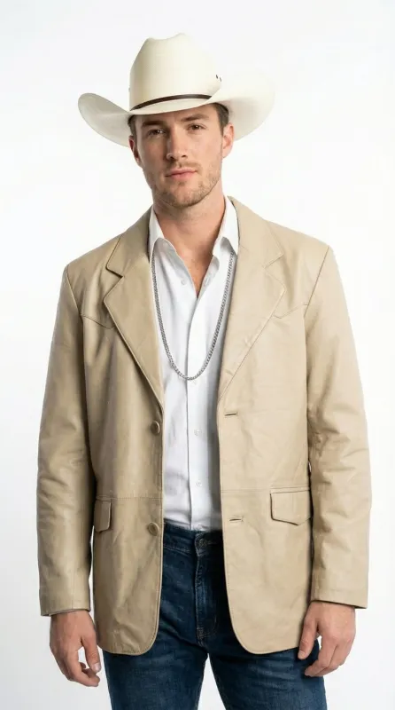 Mens Beige Sand Bone Real Leather Cowboy Western Blazer – Classic Western Style Leather Jacket Casual Formal Ranch Coat for Men made by Alberto Nardoni